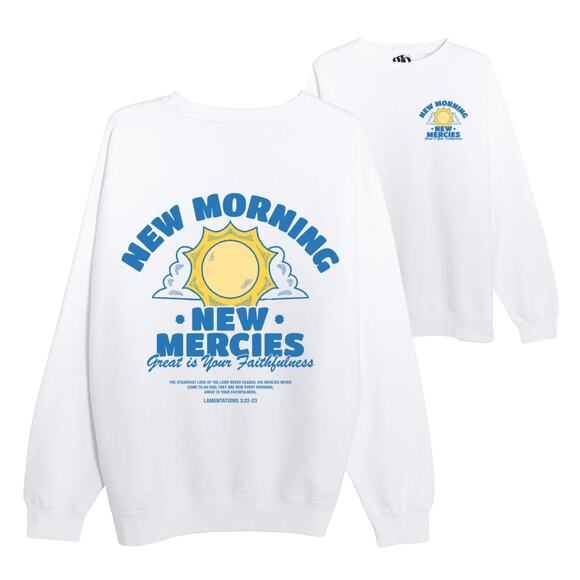 Glo New Morning, New Mercies Crewneck Sweatshirt White Unisex XL New Blue Womens - Picture 1 of 8